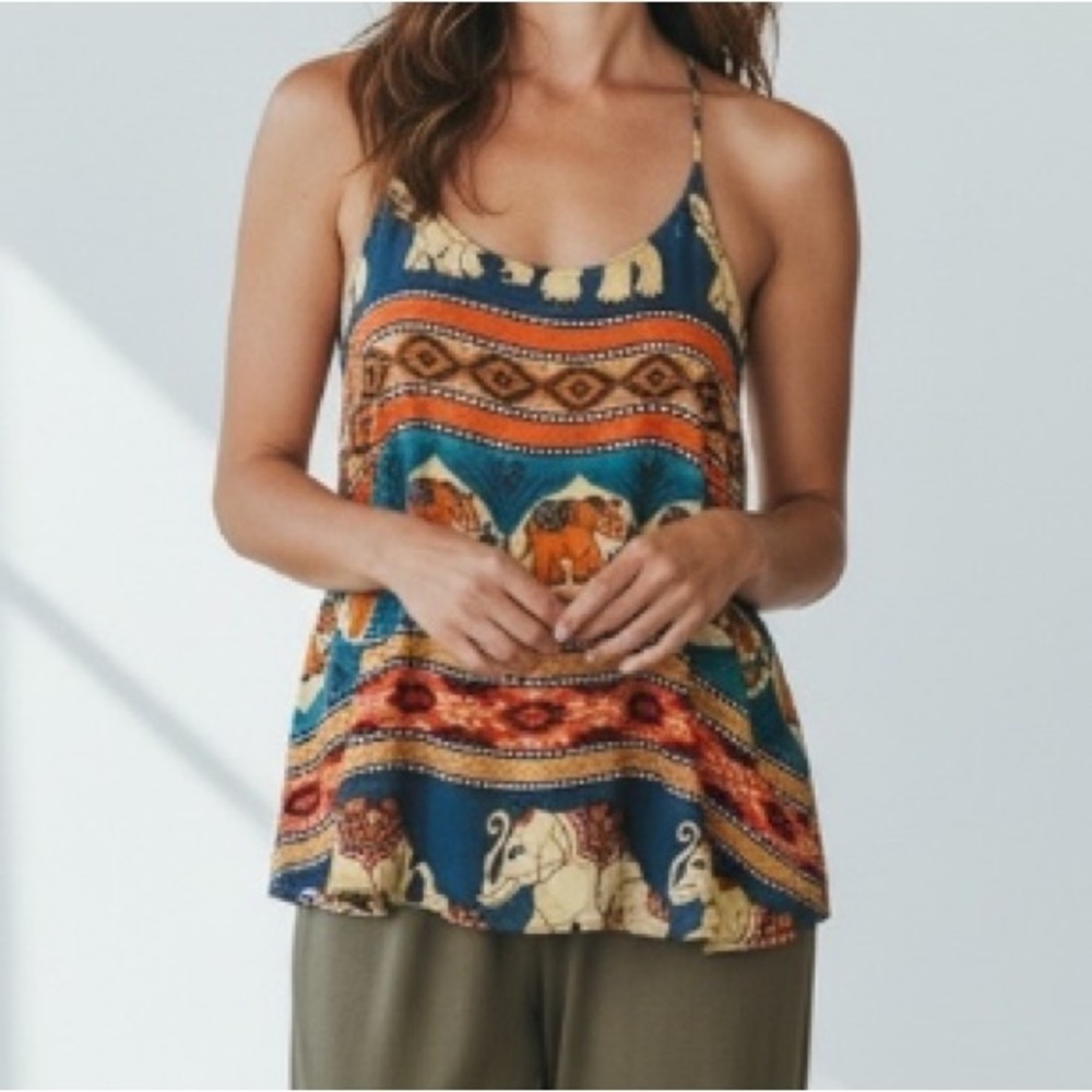 Peaceful Elephant Racer back tank TopTeal Orange Boho Yogi Bali Vacation whimsy